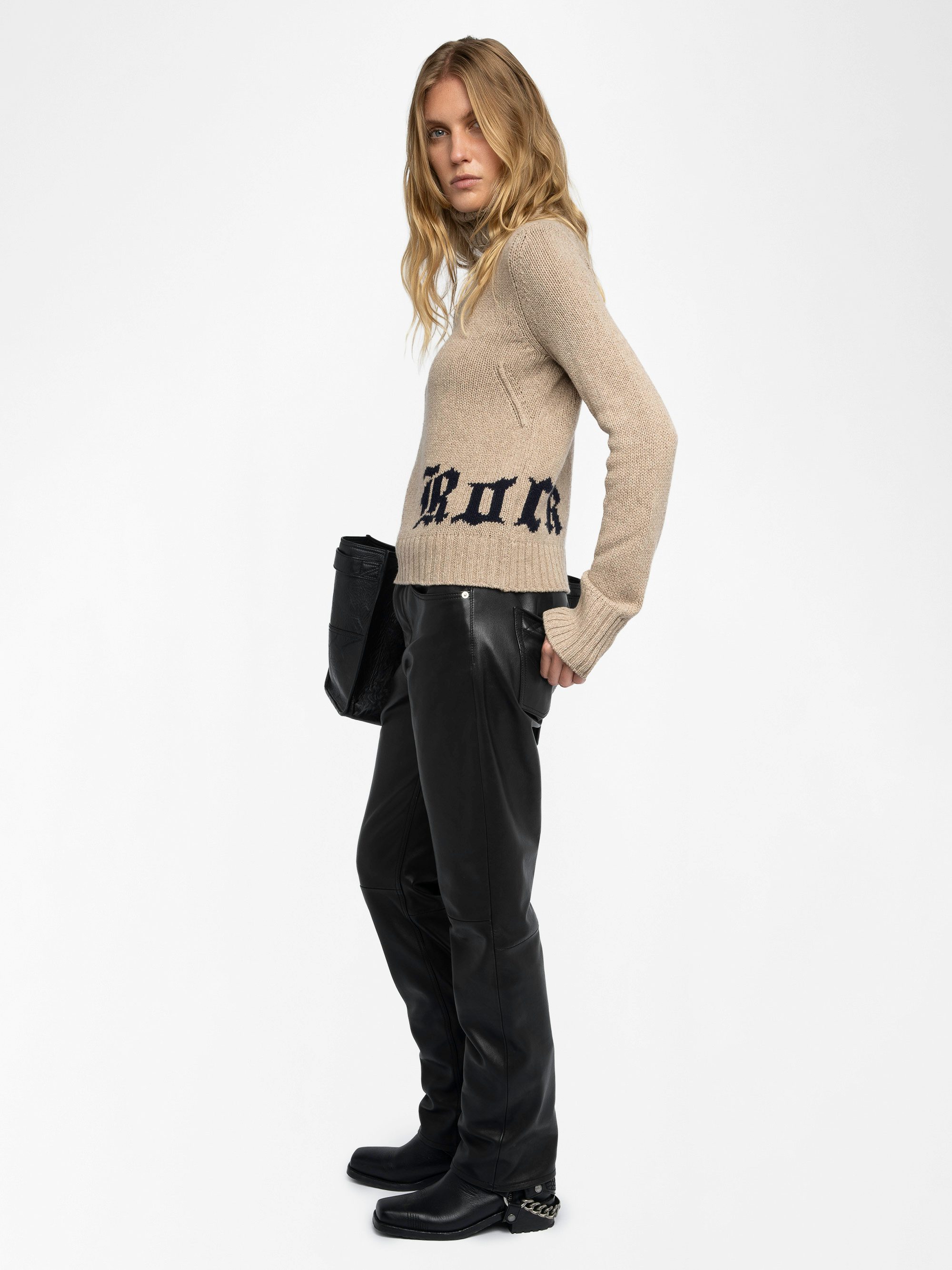 Nalma Jumper 100% Merino Wool - Light brown 100% merino wool jumper with a high neck and "Rock" inscription.